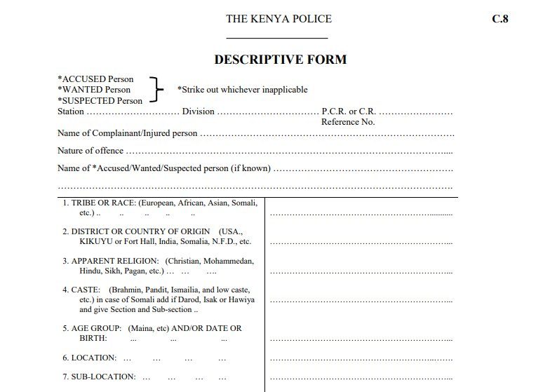 Kenya Police C8 Descriptive Form