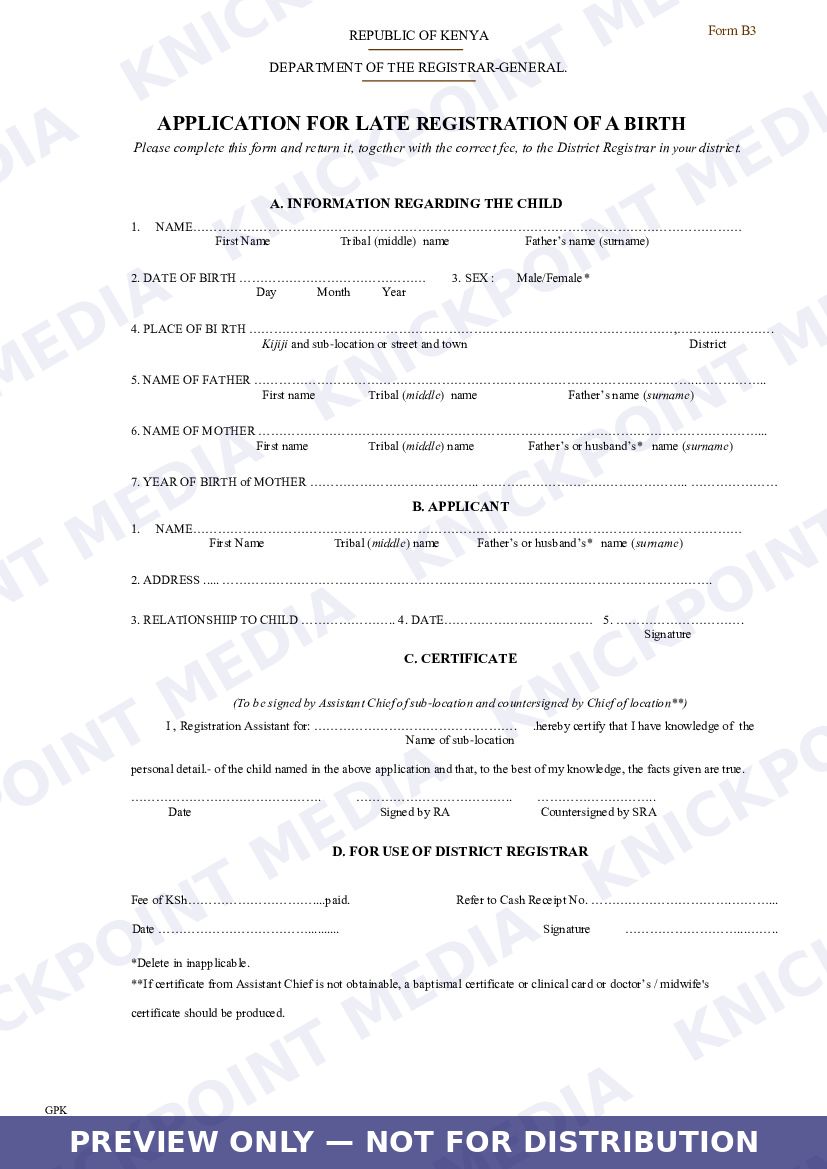 Protected preview of Form B3- Application for Late Registration of a Birth Certificate — page 1