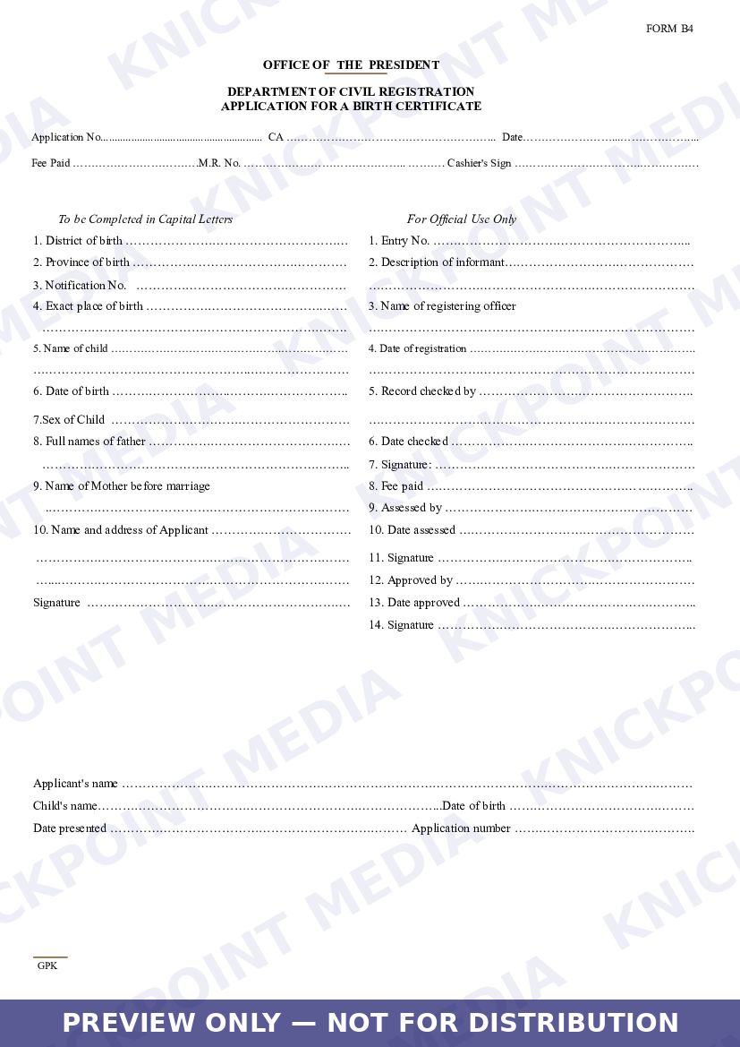 Protected preview of Kenya Birth Birth Certificate Application - Form B4 — page 1